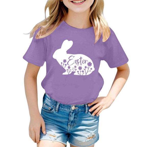 Tisuna Little Girls' Tee Rabbit Print Short Sleeve Crew Neck Tops Cute Fashion Spring Summer Girls Pullover Clothes Purple Size 1-2 Years