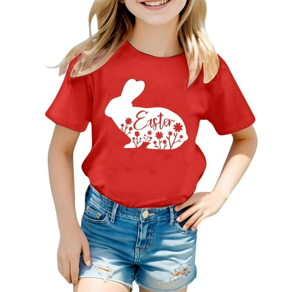 Tisuna Little Girls' Tee Rabbit Print Short Sleeve Crew Neck Tops Cute Fashion Spring Summer Girls Pullover Clothes Red Size 1-2 Years