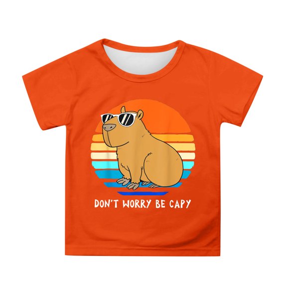 Tisuna Little Girls Tops Cartoon Print Short Sleeve Crew Neck Shirts Soft Cute Summer Kids Pullover Clothes Orange Size 8-9 Years