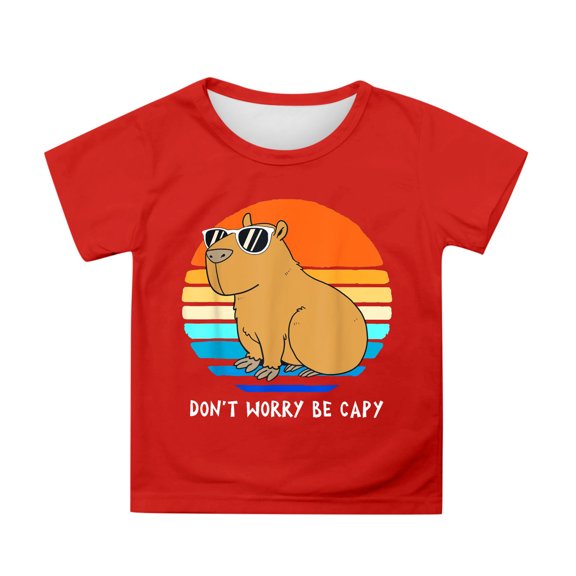 Tisuna Little Girls Tops Cartoon Print Short Sleeve Crew Neck Shirts Soft Cute Summer Kids Pullover Clothes Red Size 12-13 Years