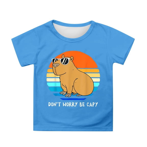 Tisuna Little Girls Tops Cartoon Print Short Sleeve Crew Neck Shirts Soft Cute Summer Kids Pullover Clothes Sky Blue Size 12-13 Years