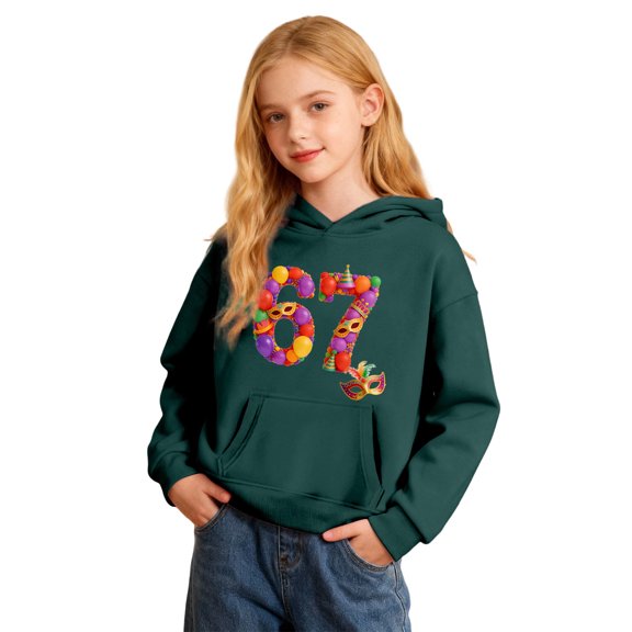 Tisuna Long Sleeve 67 Hoodie For Kids Number Print Pullover Hooded Sweatshirt Lightweight Soft Girls Boys Carnival Outfits Size 9-10 Years Dark Green