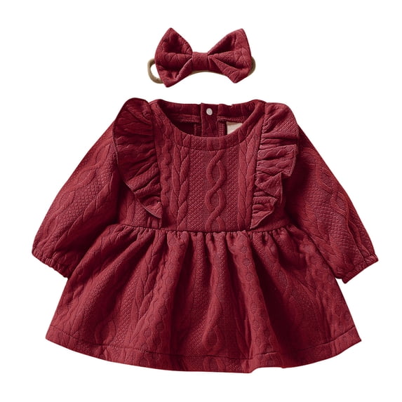 Tisuna Long Sleeve Dresses For Girls Lightweight Solid Color Dresses Infant Party Wear Crewneck Dress With Headband Size 3-6 Months