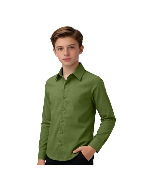 Long Sleeve Gentle Shirts For Boys Child Regular Fit Lapel Collar Solid Color Shirts Big Boys Back To School Uniform Outfits Size 15-16 Years