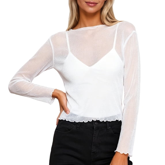 Tisuna Long Sleeve See Through T-Shirts For Women Comfortable Solid Color Crewneck Tops Ladies Daily Lounging T Shirt Size S