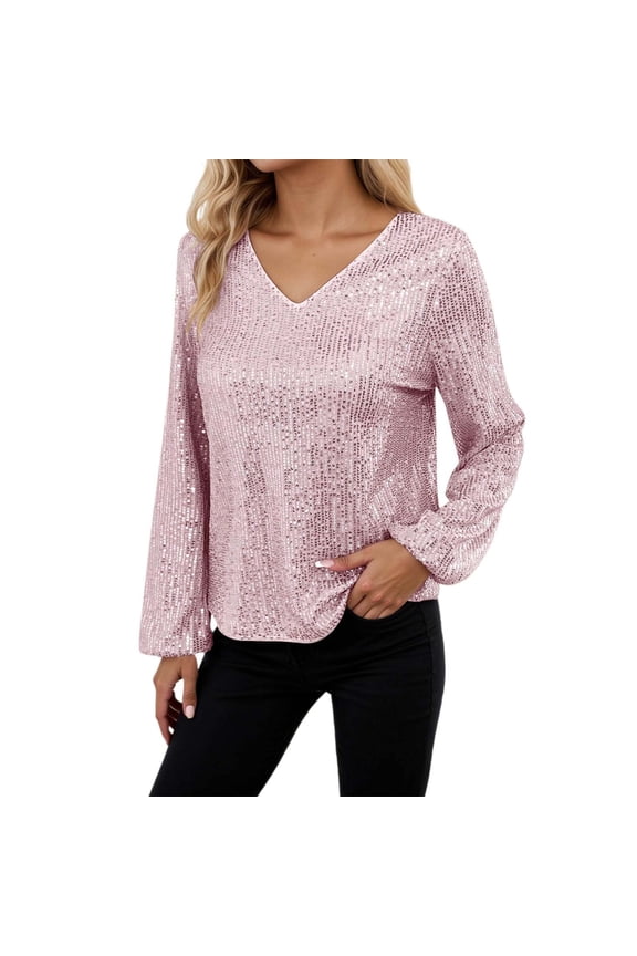 Long Sleeve Sequin Shirt For Women Solid Color V Neck Loose Fit Tops Stylish Comfortable Ladies Festival Sparkling Blouse Red