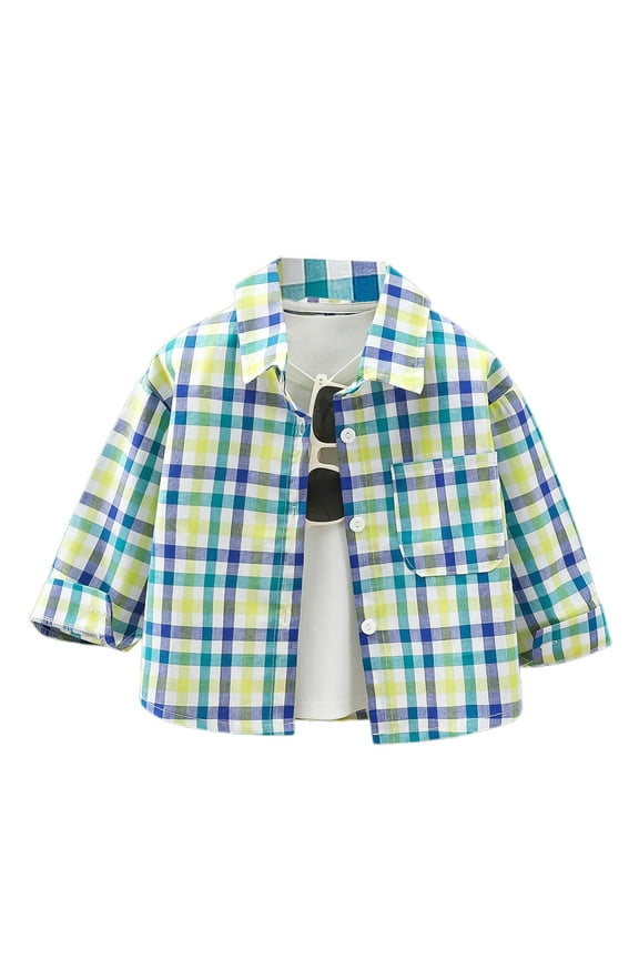 Long Sleeve Shirt For Boys Toddler Plaid Print Button Down Lapel Neck Tops Fashion Soft Little Kids Spring Summer T Shirt Dark Green Size 8-9 Years