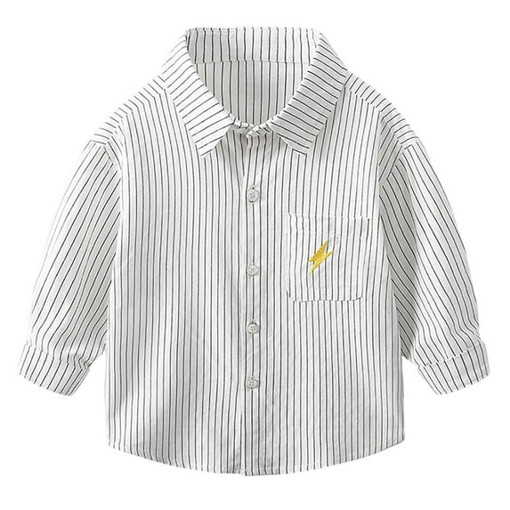 Tisuna Long Sleeve Shirt For Boys Toddler Striped Print Button Down Lapel Neck Tops Breathable Soft Infant Kids Summer T Shirt White Size 5-6 Years
