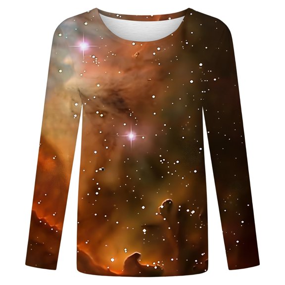 Tisuna Long Sleeve Shirt For Women 3D Fashion Print Crew Neck Pullover Tops Stylish Loose Fit Ladies Carnival Daily Wear Blouse Gold