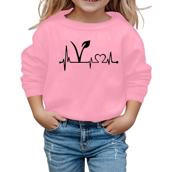 Tisuna Long Sleeve Sweatshirts For Girls Comfortable Crewneck Heart Print Tops Children Everyday Wear Fall Tshirts Size 6-7 Years Pink
