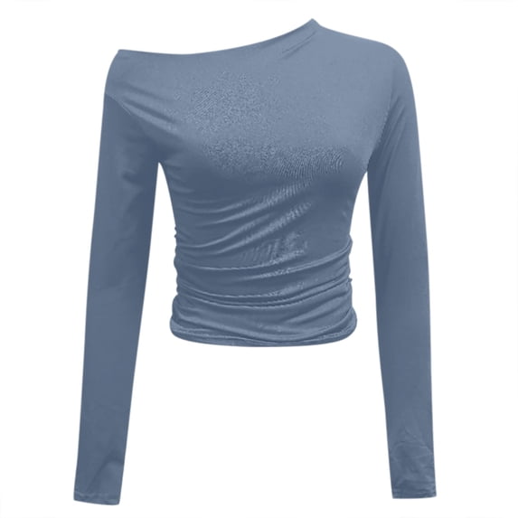 Tisuna Long Sleeve T-Shirts For Women Lightweight Solid Color One Shoulder Tops Ladies Daily Party Shirts Size L