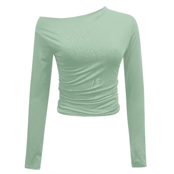 Tisuna Long Sleeve T-Shirts For Women Soft Solid Color One Shoulder Tops Ladies Street Wear Outfits Size Xl