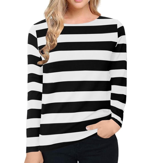 Tisuna Long Sleeve T-Shirts For Women Trendy Striped Print Crewneck Tops Ladies Daily Lounging Shirts Size L
