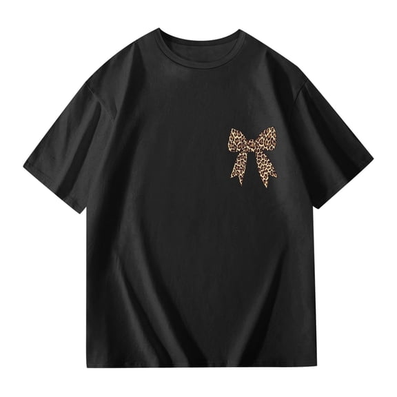 Tisuna Loose Fit Summer Tees For Girls Child Leopard Bow Print Short Sleeve Crew Neck Tops Comfortable Soft Toddler Kids Pullover Shirts Black Size 3-4 Years