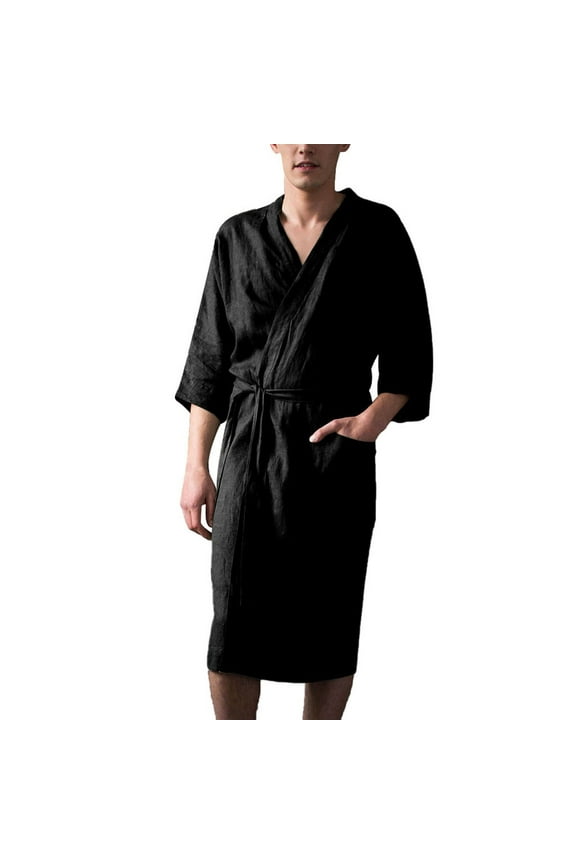 Male Autumn Winter Bathrobe Solid Color Long Sleeve V Neck Sleepwear Leisure Loose Men'S Cardigan Strap Pajamas Homewear With Pockets Black Size Xl