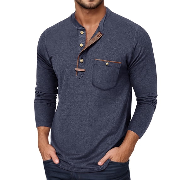 Tisuna Men Autumn T-Shirts Stretch Henley Neck Tops Men Solid Outfits For Work Office Size L