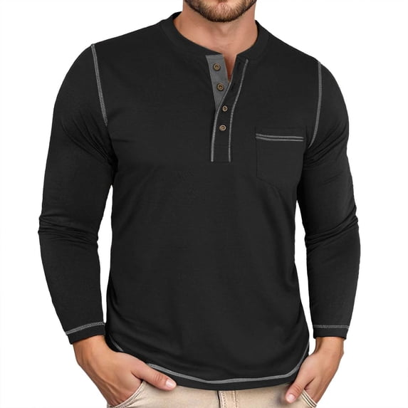 Tisuna Men Long Sleeve T-Shirts Regular Fit Henley Neck Tops Men Solid Tee Shirts For Sport Workout Size L