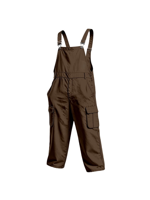 Men'S Cargo Work Pants High Waist Wide Leg Overalls Casual Solid Color Daily Wear Suspender Trousers Size S-Xxxxxl Brown