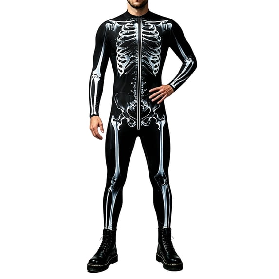 Tisuna Men'S Halloween Onesie Stage Tight Bodysuit Skeleton Print Long Sleeve Stand Collar Jumpsuit Stretchy Breathable Men Theme Party Performance Dress Up Romper Size L