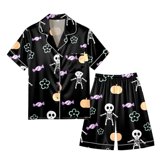 Tisuna Men'S Halloween Pajamas Set Skeleton Print Short Sleeve Collar Tops And Shorts Sleepwear Set Stylish Theme Party 2 Pieces Bedtime Wear Outfits Size L