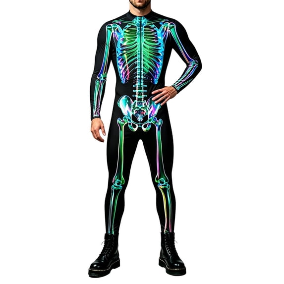 Tisuna Men'S Halloween Stage Jumpsuit Skeleton Print Zipper Front Tight Bodysuit For Theme Party Performance Wear Size M