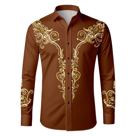Tisuna Men'S Long Sleeve Shirts Floral Print Lapel Collar Button Down Tops Lightweight Retro Mens Western Style Playwear Clothes Brown Size Xl