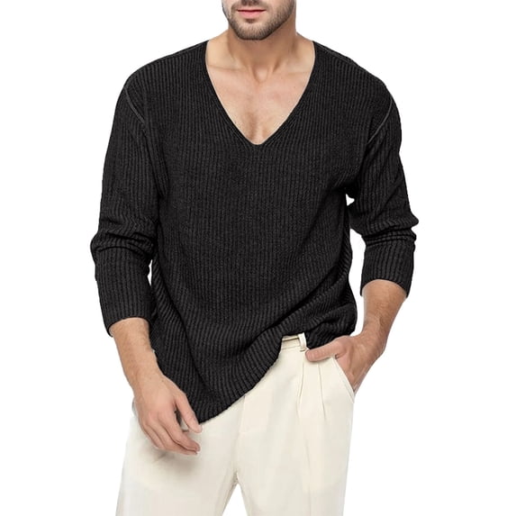 Tisuna Men'S Long Sleeve T-Shirts Loose V Neck Tops Men Solid Tees For Daily Wear Size L