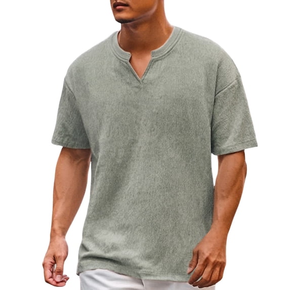 Tisuna Men'S Loose Fit Summer T-Shirt Solid Color Short Sleeve V Neck Tops Comfortable Breathable Male School Work Casual Dailywear Grey Size Xxl