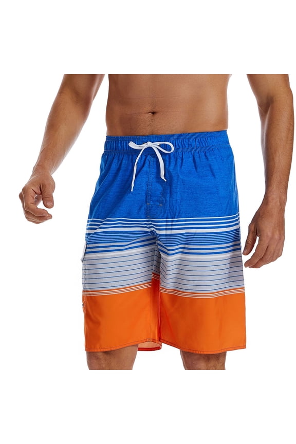 Men'S Swim Trunks Color Block Striped Print Drawstring Elastic Waist Straight Leg Swim Shorts Casual Classic Fit Gentleman Holiday Swim Wear Orange Size 30