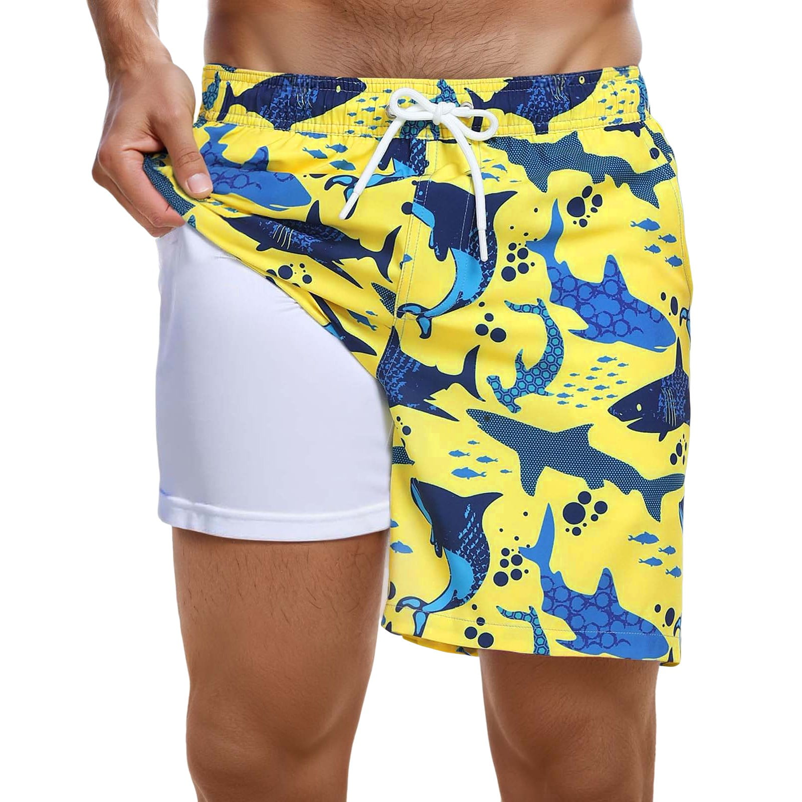 Tisuna Men's Board Shorts With Liner Shark Print Drawstring Elastic Waist Straight Leg Trunks Fashion Quick Dry Male Summer Hawaii Surfing Beach Shorts Light Yellow Size Xxxl
