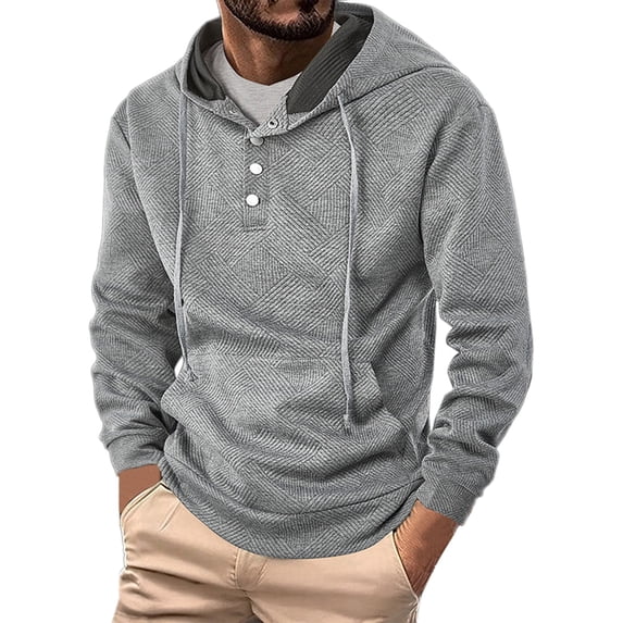 Tisuna Men's Sweatshirt Solid Color Long Sleeve Hooded Tops Loose Fashion Spring Autumn Men Half Button Hoodies Grey S