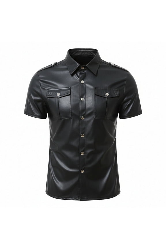 Mens Button Down Shirts Short Sleeve Leather Fashion Summer T-Shirts Mens Classic Collared Casual Shirts For Party Club Black Size Xl