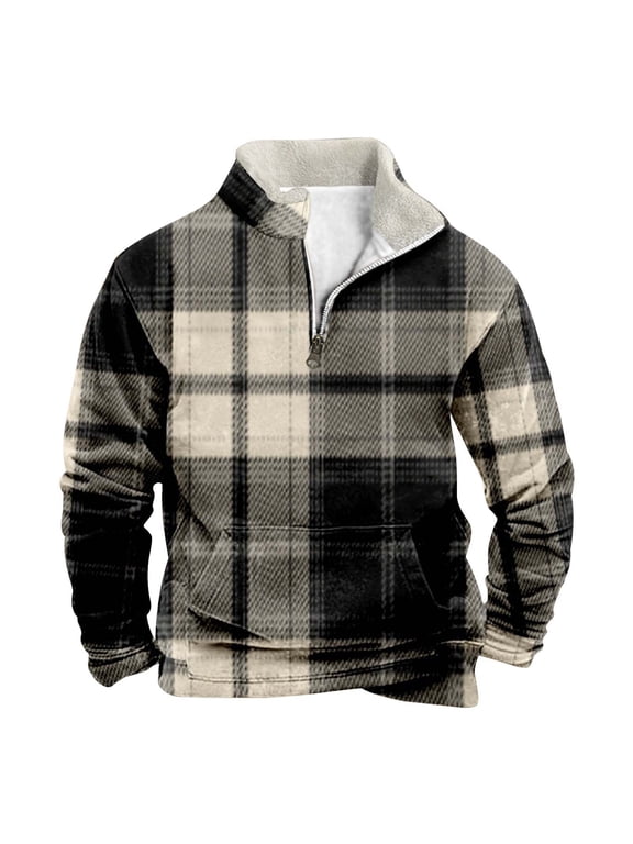 Mens Half Zip Stand Collar Plaid Sweatshirts Casual Long Sleeve T Shirts Comfort Fit Sportwear Hoodless Sweatshirts