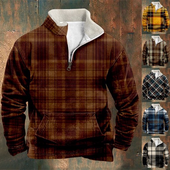 Tisuna Mens Half Zip Stand Collar Plaid Sweatshirts Casual Long Sleeve T Shirts Comfort Fit Sportwear Hoodless Sweatshirts