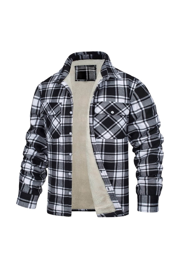 Mens Jacket Plaid Print Long Sleeve Lapel Neck Coat Fashion Loose Autumn Winter Men Button Up Outerwear Black Size Xl