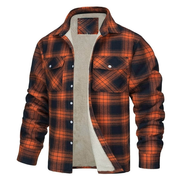 Tisuna Mens Jacket Plaid Print Long Sleeve Lapel Neck Coat Fashion Loose Autumn Winter Men Button Up Outerwear Orange Size Xl