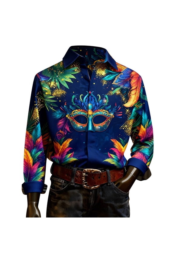 Mens Mardi Gras Shirts Festive Floral Print Long Sleeve Lapel Collar Button Down Tops Lightweight Loose Men's Carnival Performance Playwear T Shirt Dark Purple Size S