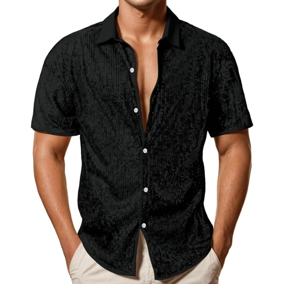 Tisuna Mens Sequin Shirts Short Sleeve Button Down Fashion Summer T-Shirts Mens Classic Collared Casual Shirts For Festival Party Black Size Xxl
