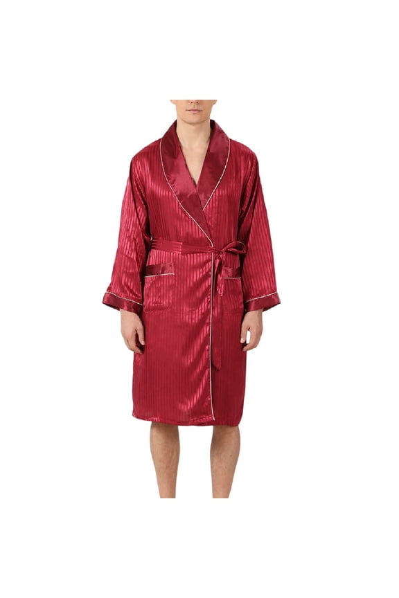 Mens Summer Silk Robe 2 Piece Set Solid Color Long Sleeve Lapel Collar Robe And Shorts Sleepwear Soft Lightweight Male Nightwear Set Wine Size M