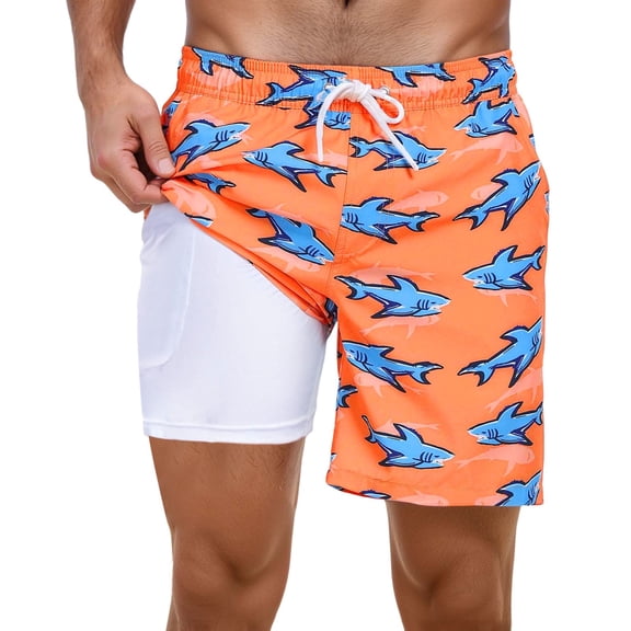 Tisuna Mens Swim Shorts Shark Print Drawstring Elastic Waist Straight Leg Swim Trunks Soft Comfort Fit Men Summer Pool Surfing Shorts Orange Size L