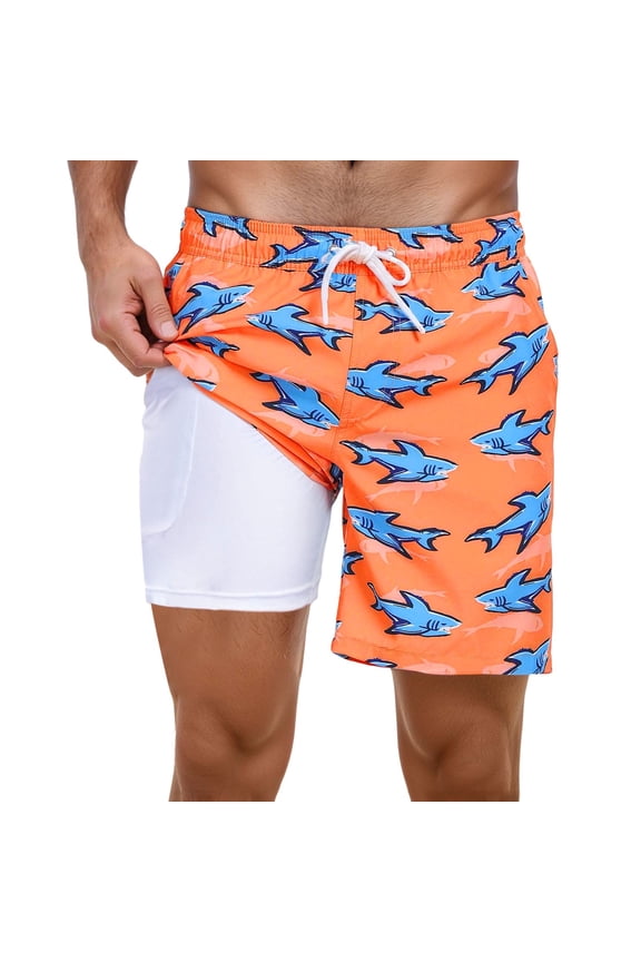 Mens Swim Shorts Shark Print Drawstring Elastic Waist Straight Leg Swim Trunks Soft Comfort Fit Men Summer Pool Surfing Shorts Orange Size M