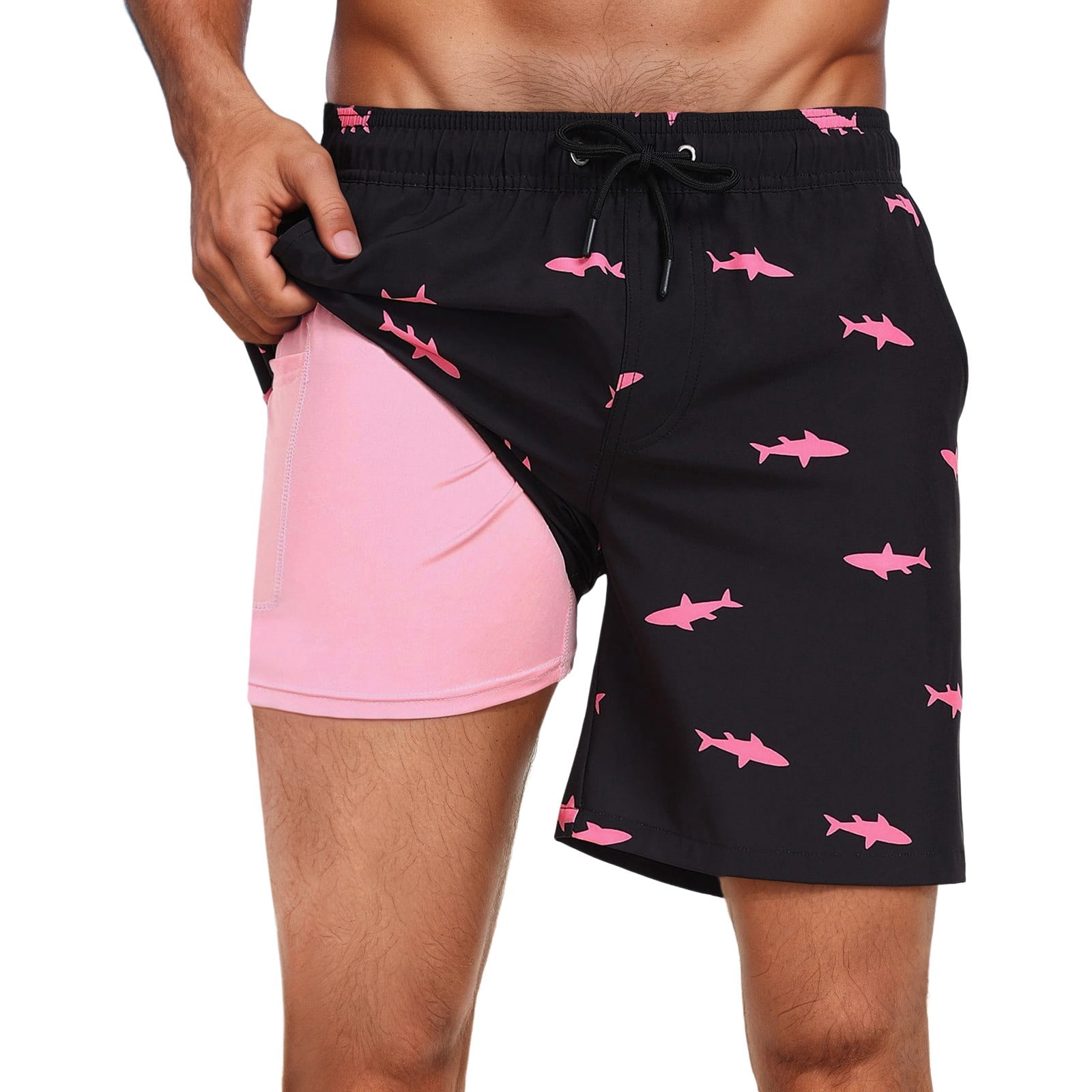 Tisuna Mens Swim Shorts Shark Print Drawstring Elastic Waist Straight Leg Trunks With Liner Casual Stylish Fit Male Holiday Summer Surfing Shorts Black Size Xxxl