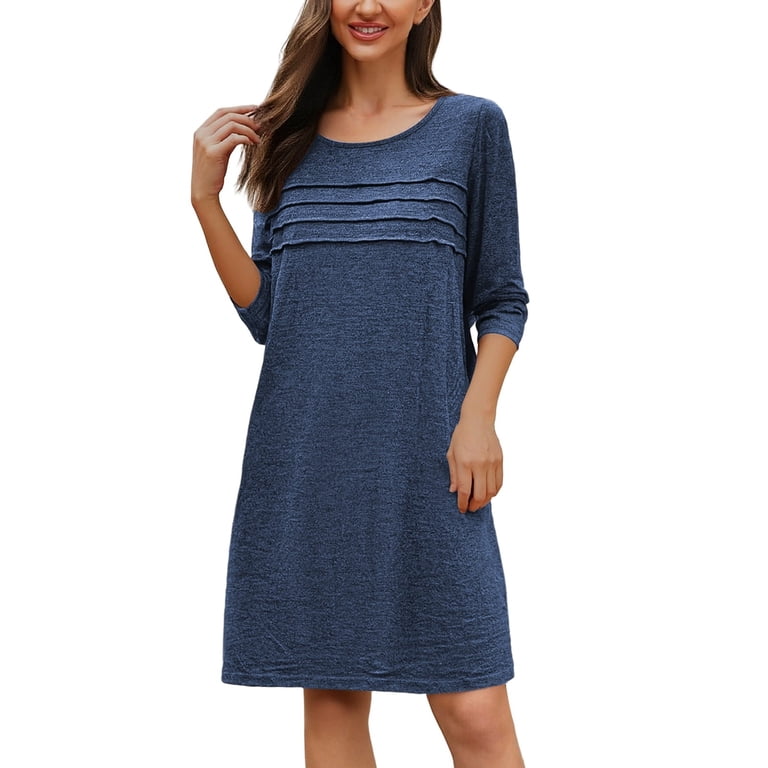 Tisuna Navy Fall Winter Dress For Women Solid Color Long Sleeve Crew Neck Dresses Ladies Fashion Casual Wear Midi Dress Size Xxl
