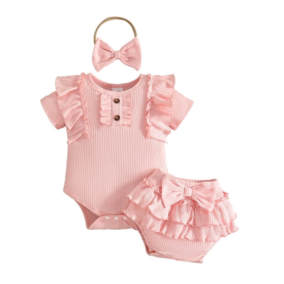Tisuna Newborn Baby Girls Outfit Set Solid Color Short Sleeve Bodysuit And Solid Color Elastic Waist Triangle Shorts Set Soft Breathable Baby Summer Daily Wear Pink Size 0-3 Months