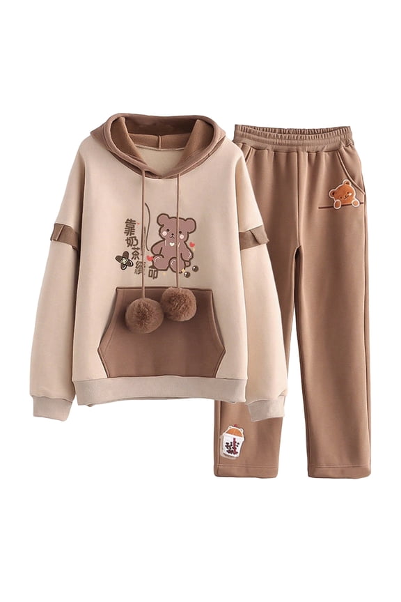 Outfit Set For Girls Child Cartoon Print Long Sleeve Hooded Clothes Fashion Cute Spring Autumn Kids Tops And Pants Set Beige Size 8 Years