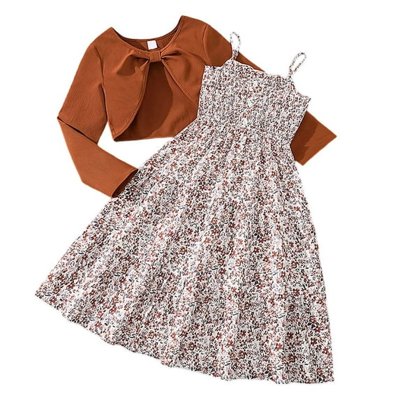 Tisuna Outfit Set For Girls Child Floral Print Sleeveless Suspender Dress Beauty Leisure Spring Autumn Girls Dress And Short Coat Set Brown Size 11-12 Years