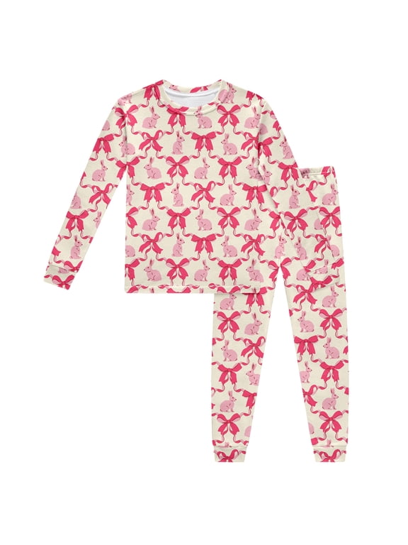 Pajamas Outfits Set For Girls Child Rabbit Print Long Sleeve Crew Neck Sleepwear Fashion Soft Spring Summer Kids Easter 2 Pieces Matching Set Size 5-6 Years