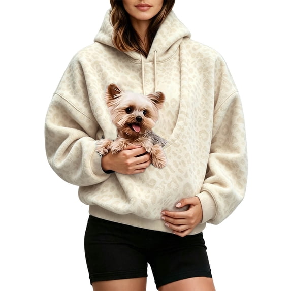 Tisuna Pet Pouch Hoodies For Womens, Leopard Print Dog Cat Pouch Hoodie Sweatshirts Kangaroo Pockets Holder, Stylish Animals Hoodies Size S-XXL, Beige