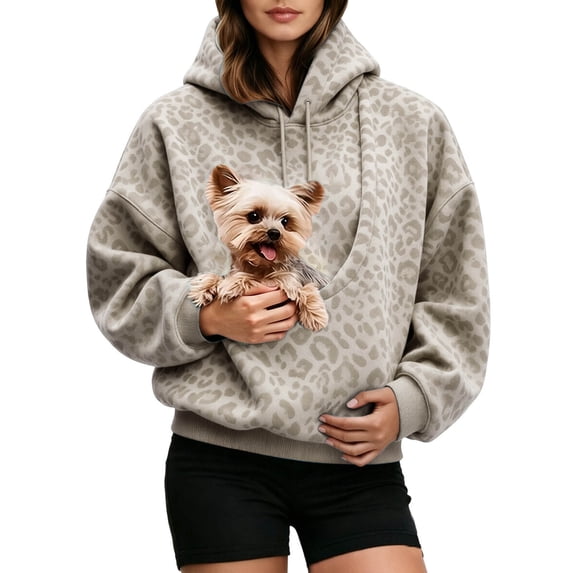 Tisuna Pet Pouch Hoodies For Womens, Leopard Print Dog Cat Pouch Hoodie Sweatshirts Kangaroo Pockets Holder, Stylish Animals Hoodies Size S-XXL, Brown