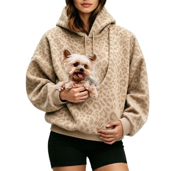 Tisuna Pet Pouch Hoodies For Womens, Leopard Print Dog Cat Pouch Hoodie Sweatshirts Kangaroo Pockets Holder, Stylish Animals Hoodies Size S-XXL, Khaki
